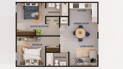 Floor plan for 2 beds, 2 baths, 928 sqft